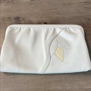 Vintage White Ivory Leather Clutch with Leaf Detail Snap closure Made in England